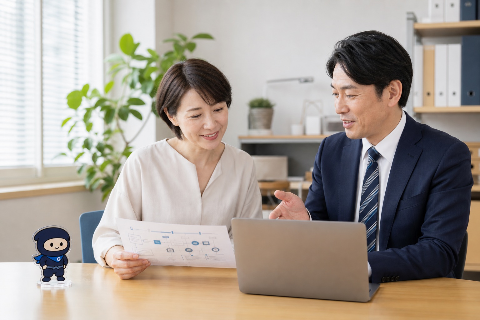企業担当者とGパートナーが業務の流れを確認する支援イメージ