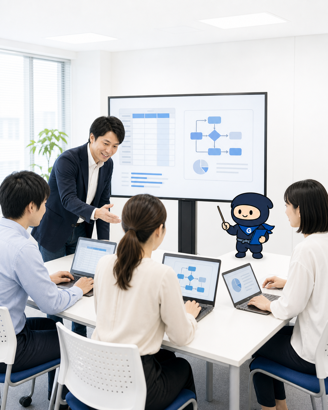 人間の講師と受講者がパソコンを使って取り組むAI実践研修の支援イメージ