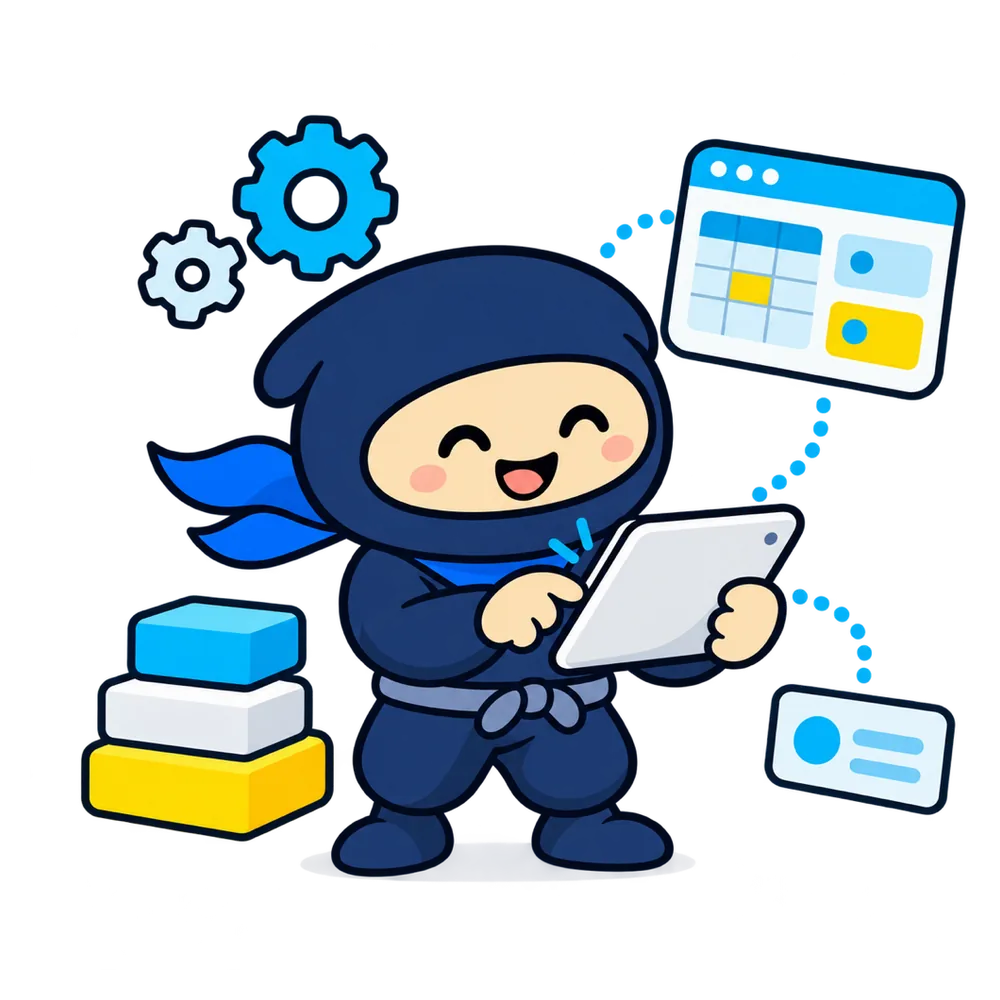 タブレットで業務アプリを組み立てる忍者のイラスト
