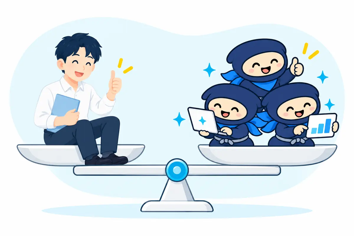 社員1人と忍者のAIチームを天秤で比べたイラスト