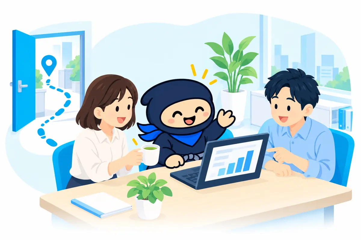 足あとをたどって訪問した忍者が、お客様2人と1台のPCを囲むイラスト