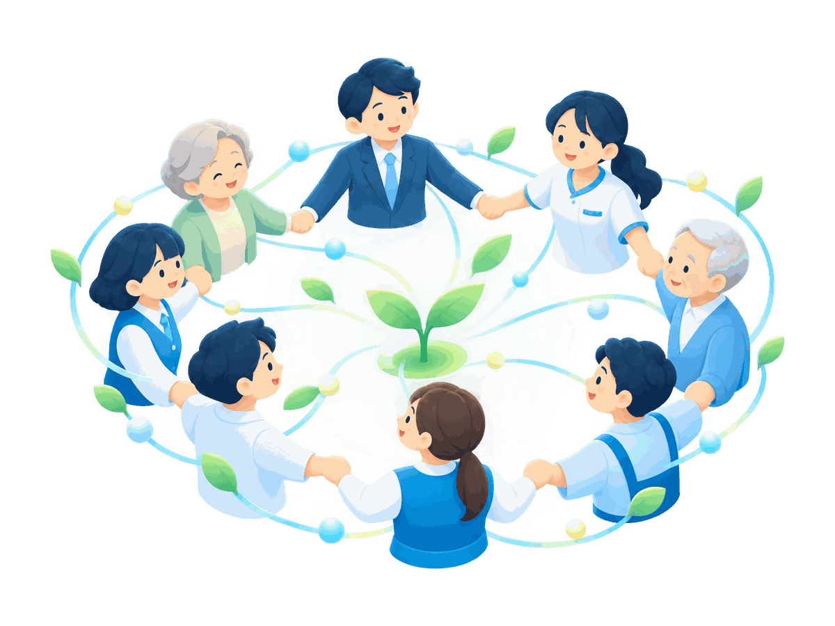 芽を囲んで手をつなぐ人々のイラスト