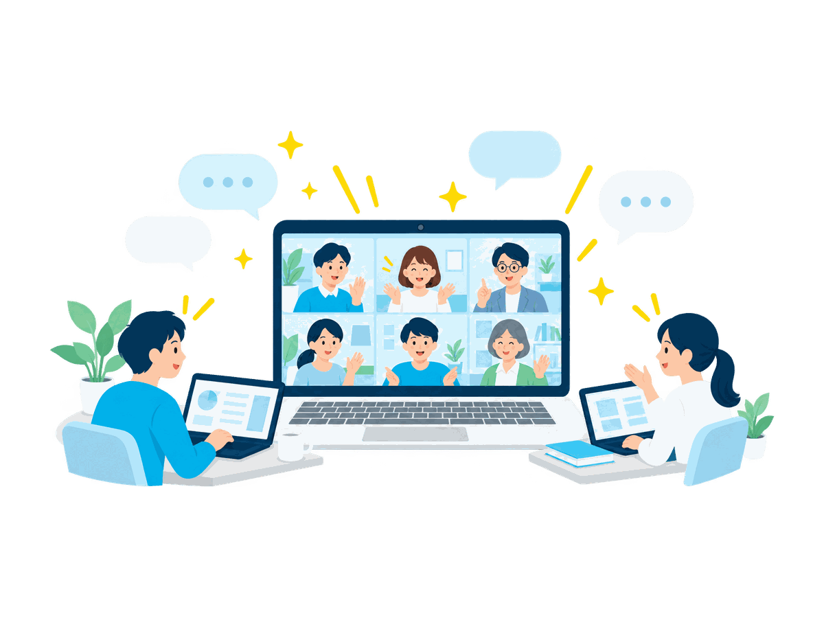 ノートPCのまわりに吹き出しが浮かぶオンライン勉強会のイラスト