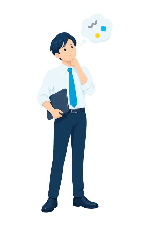 ノートPCを抱えて考え込む会社員のイラスト