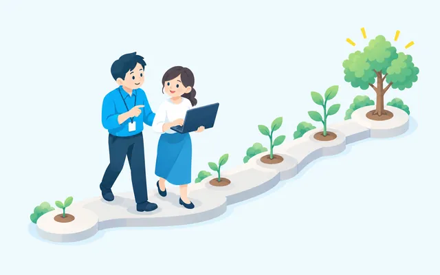 支援者と社員が並んで歩き、道沿いに芽が育つ定着のイラスト