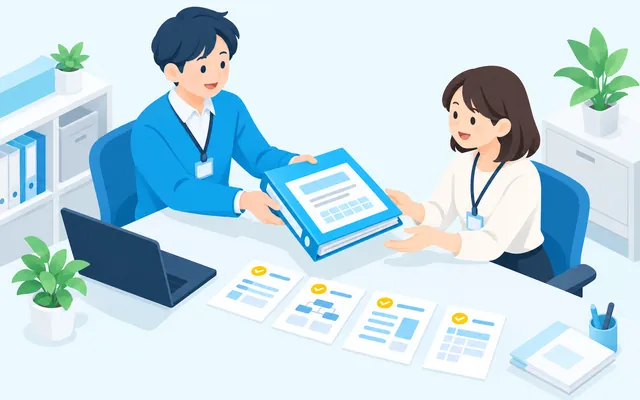 手順書を新しい同僚に引き継ぐイラスト