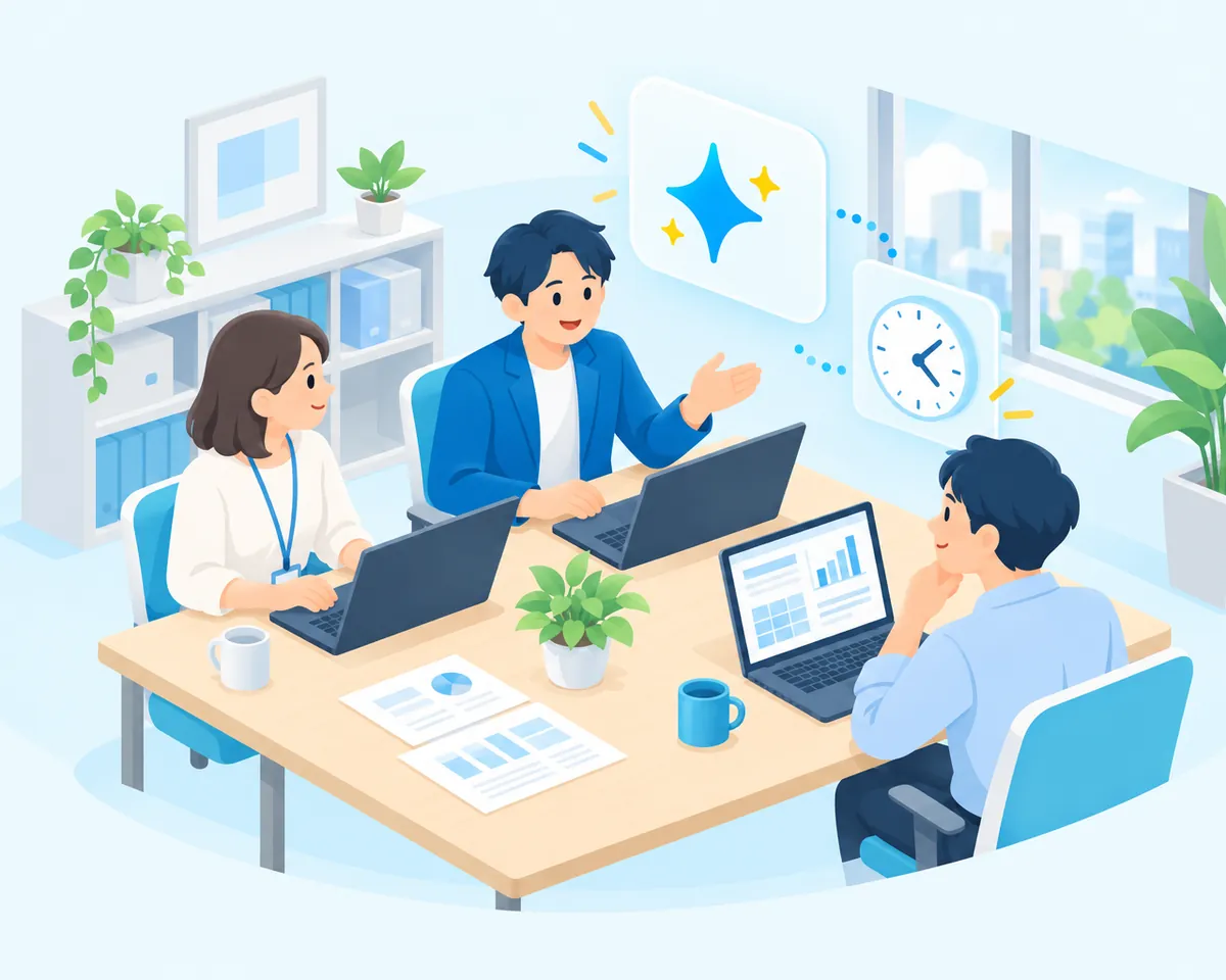 外部のAI担当者が社員2人とノートPCを囲んで相談するオフィスのイラスト