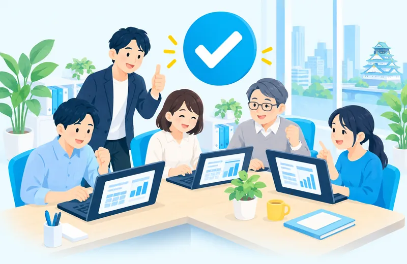 完成したツールを使う社員にAI担当者が親指を立てるイラスト