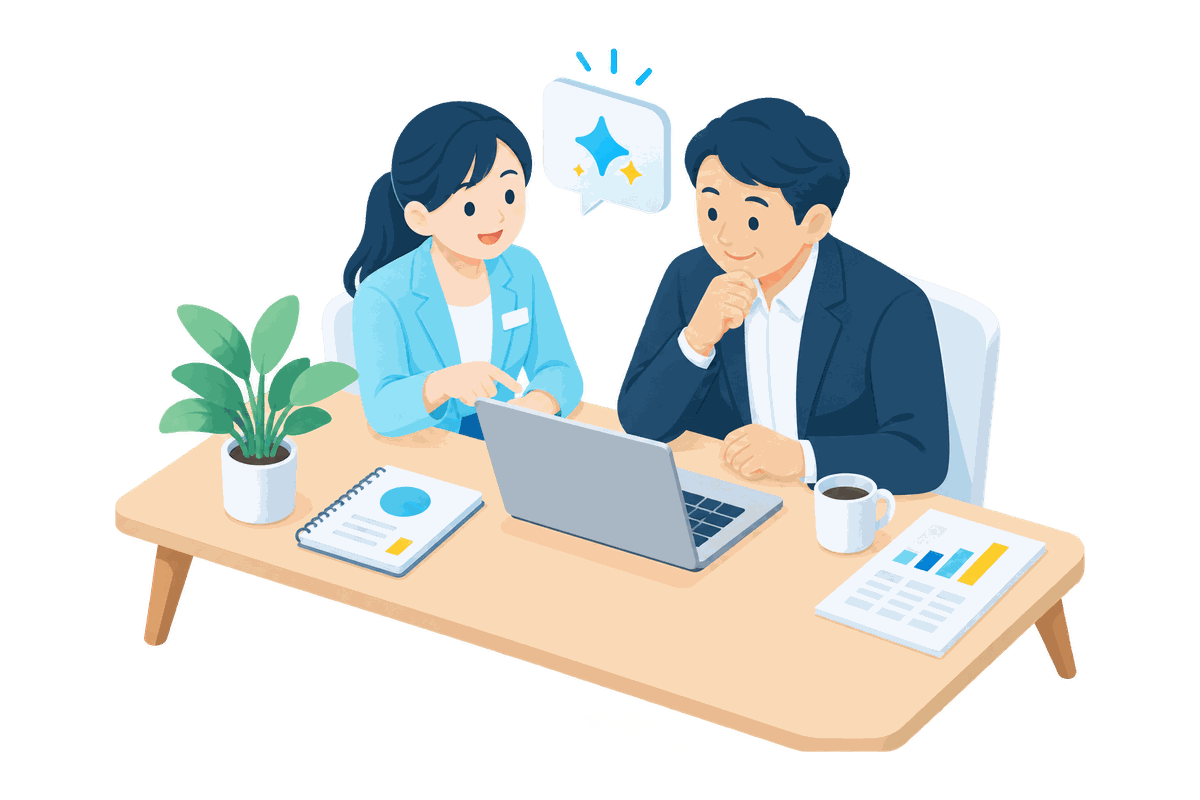外部のAI担当者が社員の隣でパソコン作業を手伝うイラスト