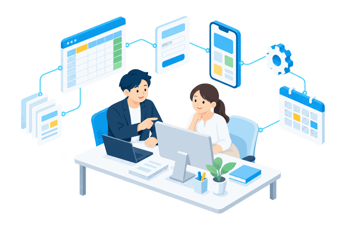 表計算の画面と業務の部品がつながる業務アプリのイラスト
